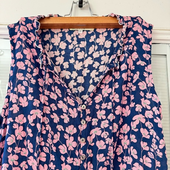 Angels By the Sea Floral Blue Pink Sleeveless Single Tier Button Front Dress L - Picture 6 of 8